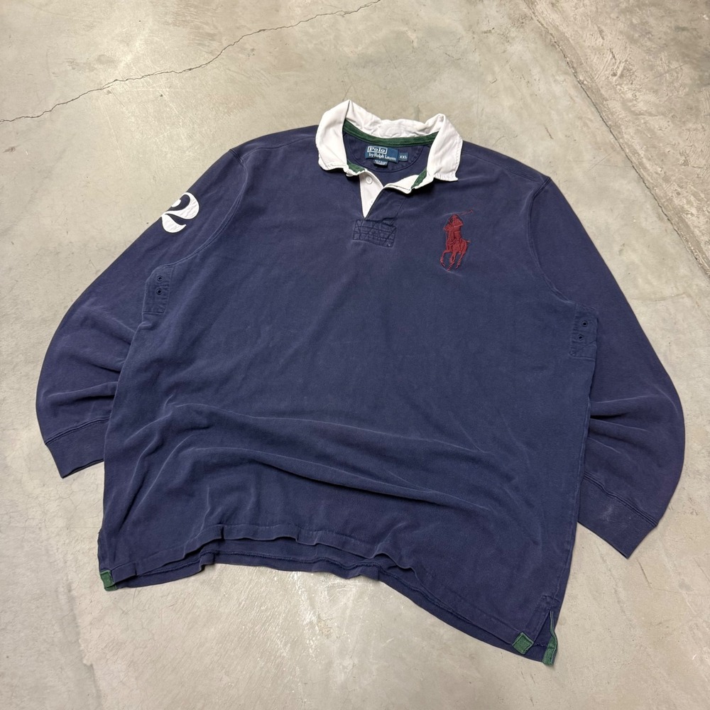 Polo Ralph Lauren Mens XXL Navy Blue Long Sleeve Rugby Shirt Elbow Patches Pony